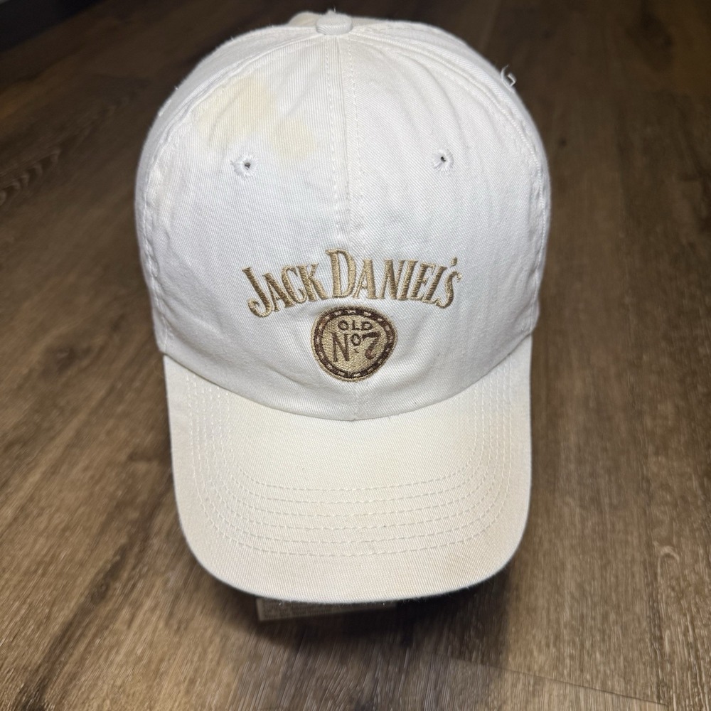 True Vintage 80s Jack Daniels Hat White Khaki Tan Brown Trucker Whiskey USA Made
